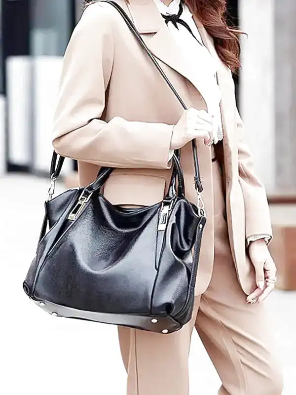 PLYMONIE - Large Capacity Simple Grained Leather Hand Bag - Image 6